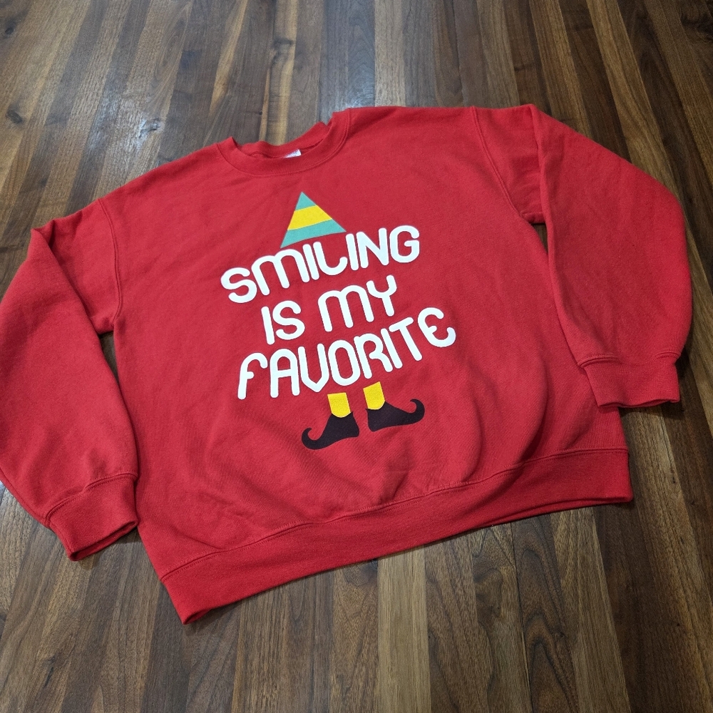 Red Elf Smiling In My Favorite Graphic Sweatshirt Size Medium